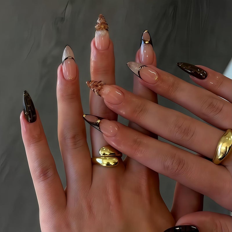 SEENEEY Long Press on Nails Almond Fake Nails Brown Acrylic Nail Press ons French with 3D Floral Designs Stick on Nail for Women 24pcs - Image 1